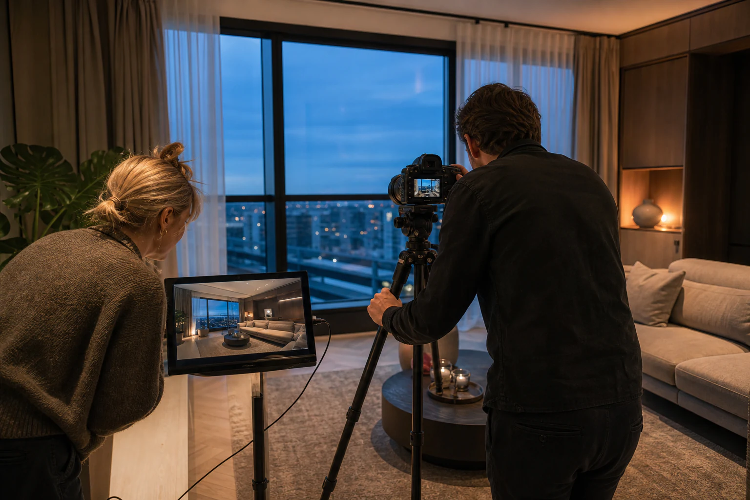 Fotograaf en collega beoordelen een interieurshot op een monitor tijdens de woningopname.