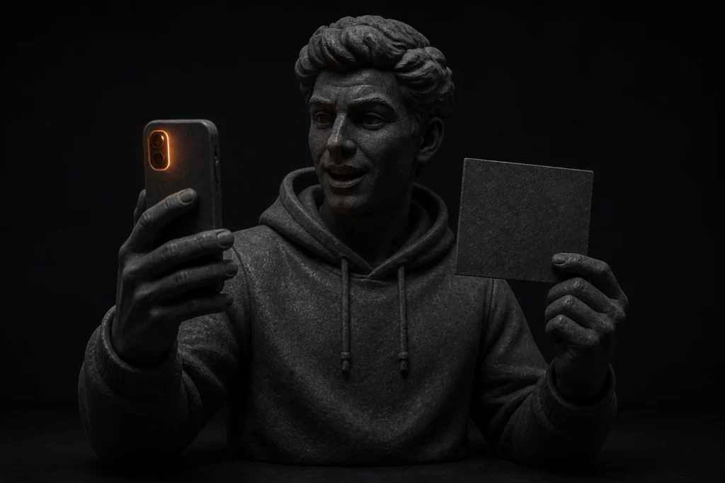 Contentmaker filmt zichzelf met smartphone en gebruikt een cuekaart voor zijn script.