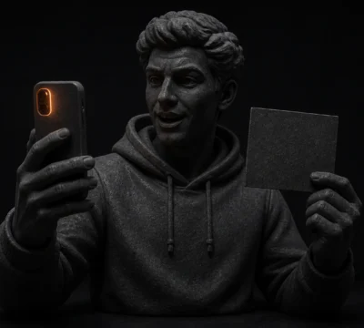 Contentmaker filmt zichzelf met smartphone en gebruikt een cuekaart voor zijn script.