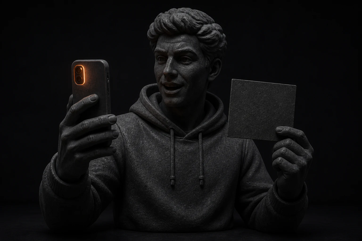 Contentmaker filmt zichzelf met smartphone en gebruikt een cuekaart voor zijn script.