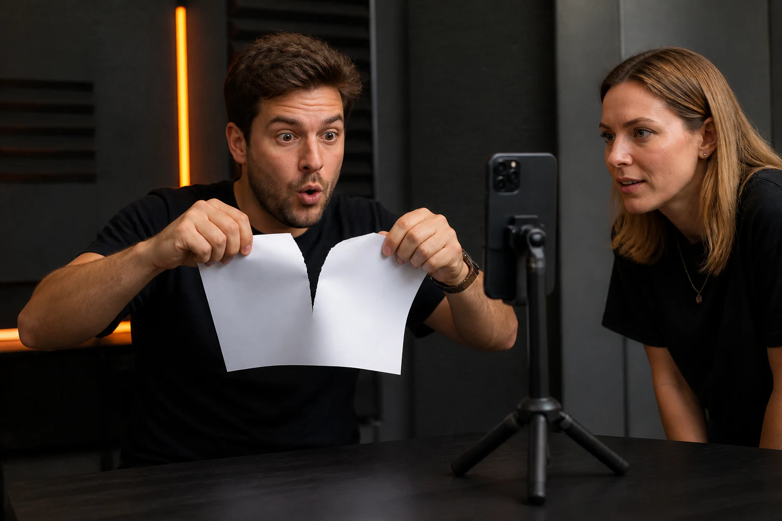 Contentmaker scheurt papier voor de smartphonecamera terwijl een collega de hook beoordeelt.