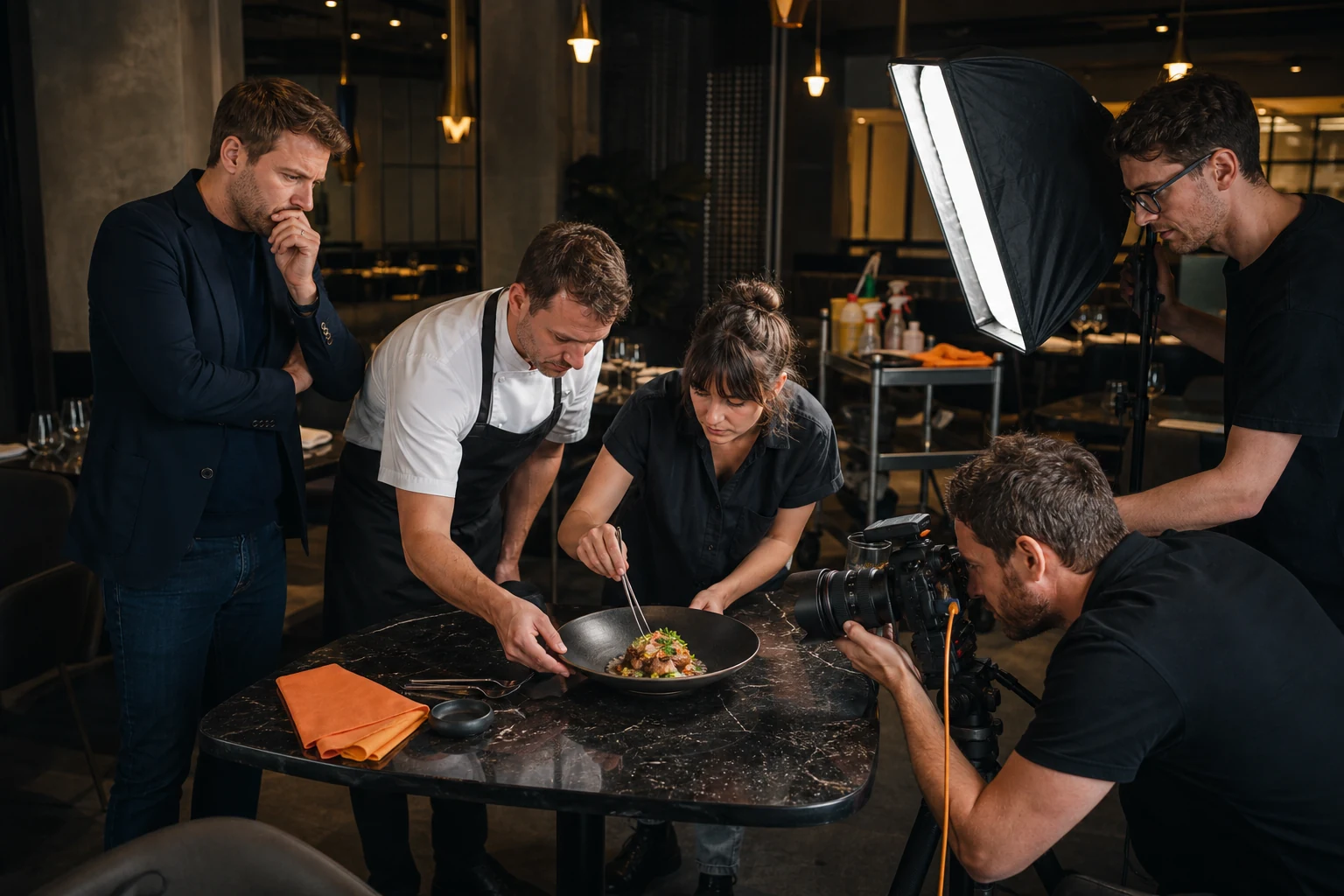 Restaurant owner observes the food styling, lighting and reset work behind one plated shot