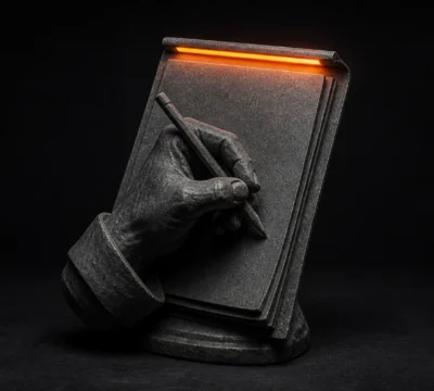 Hand schrijft met potlood aan een videoconcept op een schrijfblok.