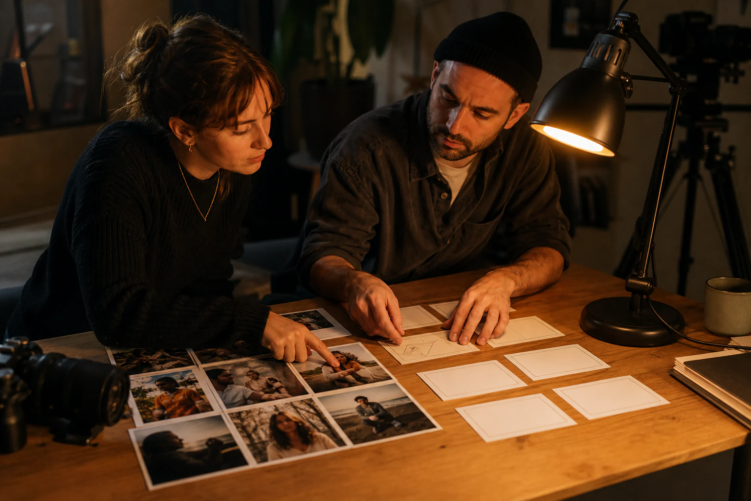 Creatief team ordent fotoreferenties en storyboardkaarten voor verschillende doelgroepen.