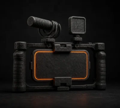 Vertical smartphone rig with microphone, LED panel and side grips