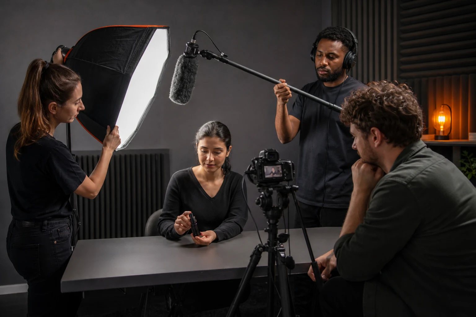 Small video crew records a short-form scene with camera, sound, lighting and direction