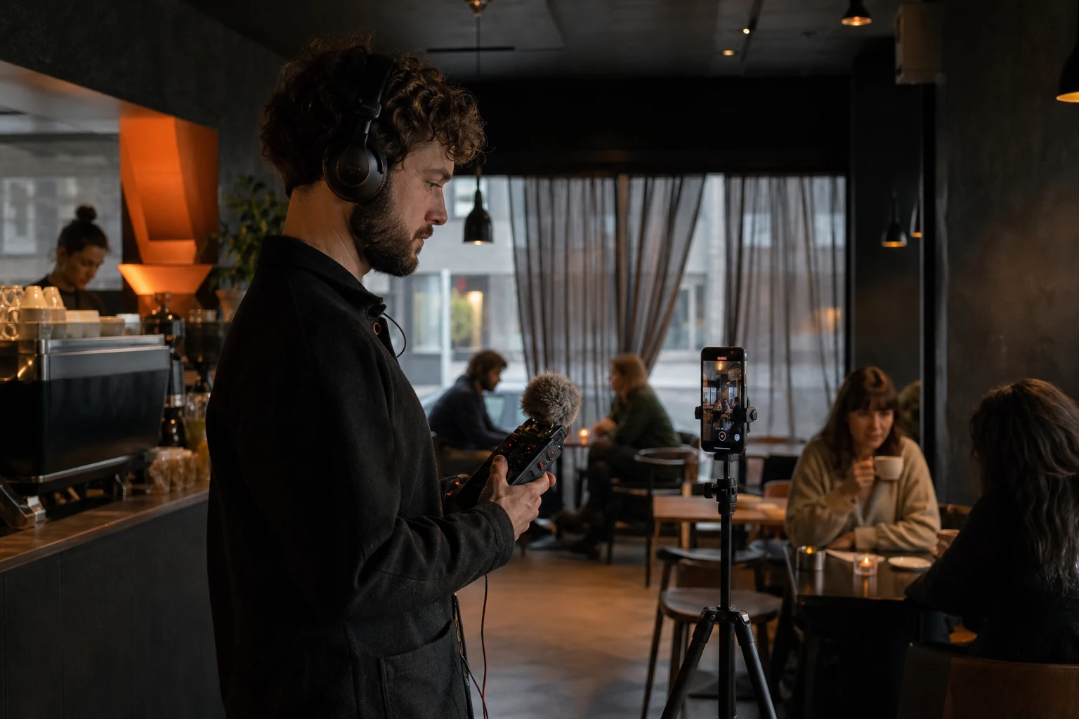 Location sound recordist neemt de natuurlijke sfeer van een avondcafé op