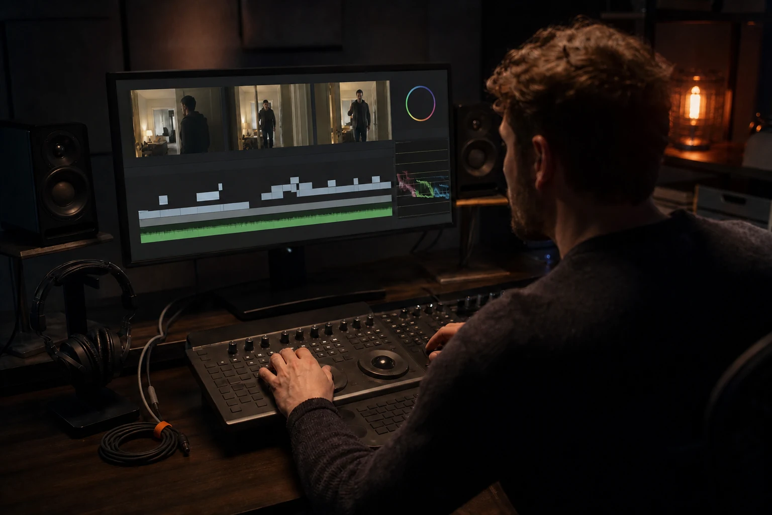 Editor refines cuts, colour and sound at a professional workstation