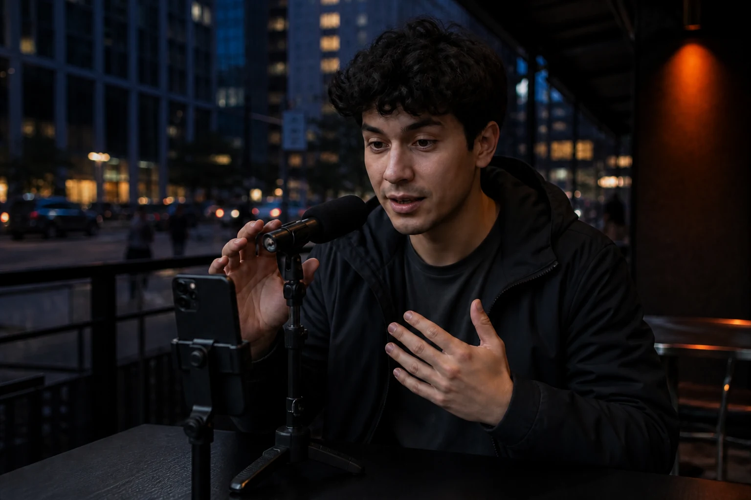 Creator test een richtmicrofoon bij een TikTok-opname in een rumoerige omgeving