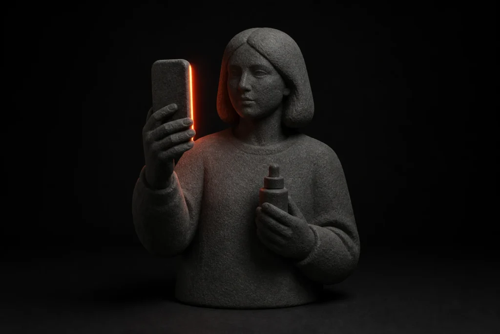 UGC-creator houdt een smartphone en product klaar voor een gerichte briefing