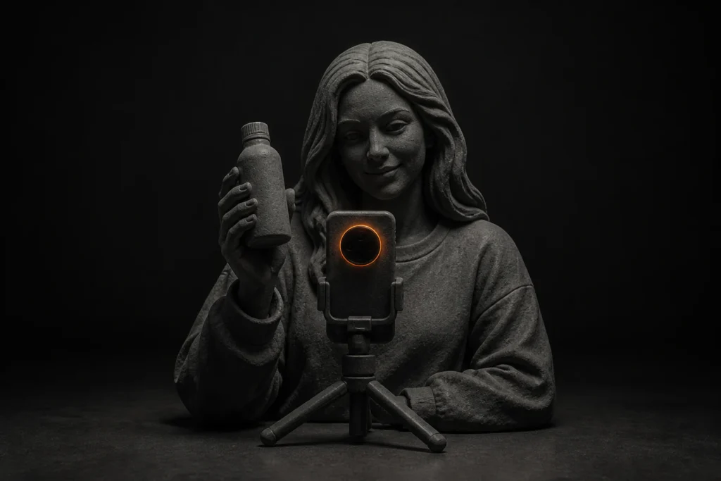 Contentmaker presenteert een productfles aan een smartphonecamera op statief.