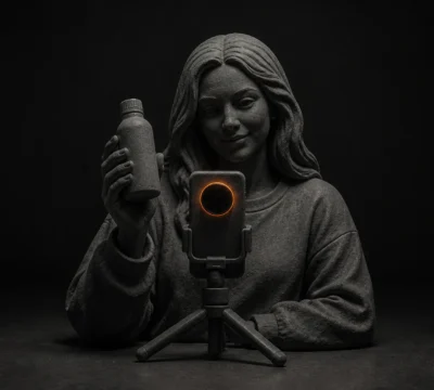 Contentmaker presenteert een productfles aan een smartphonecamera op statief.