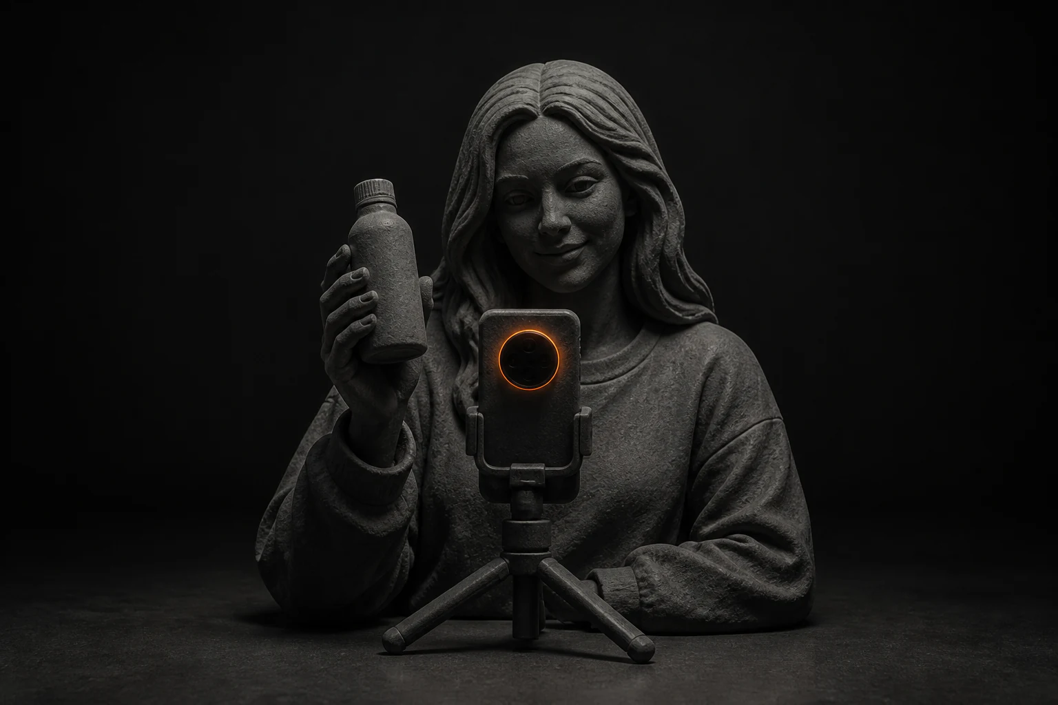 Contentmaker presenteert een productfles aan een smartphonecamera op statief.