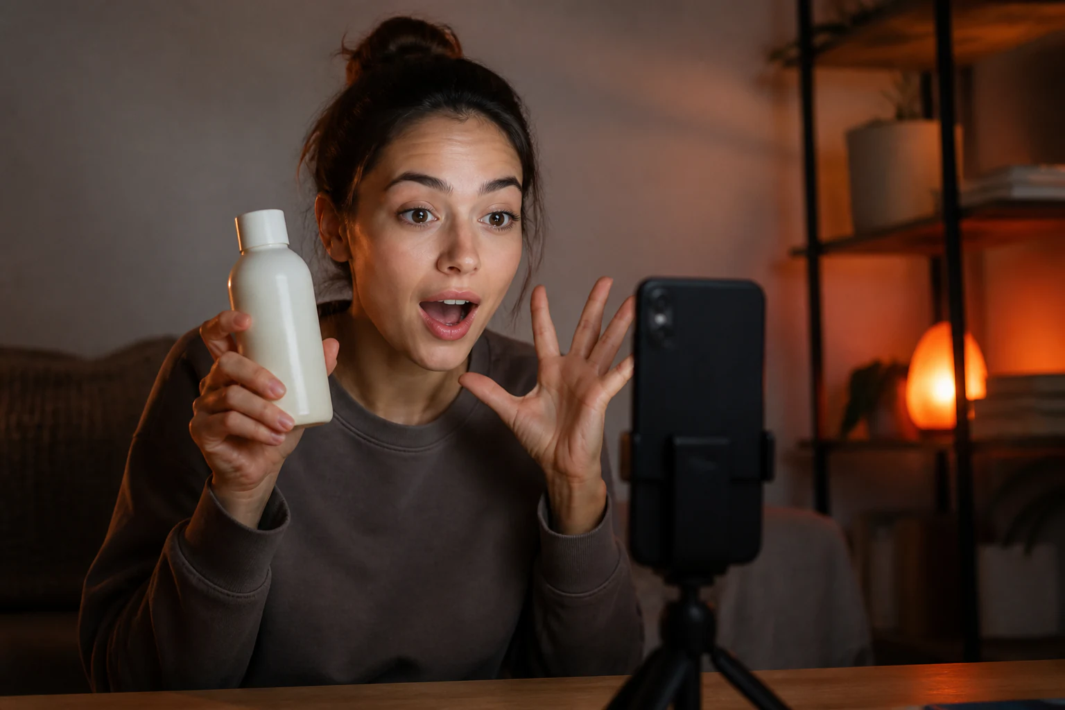 UGC-maker toont direct een product aan de smartphonecamera met een opvallende reactie.