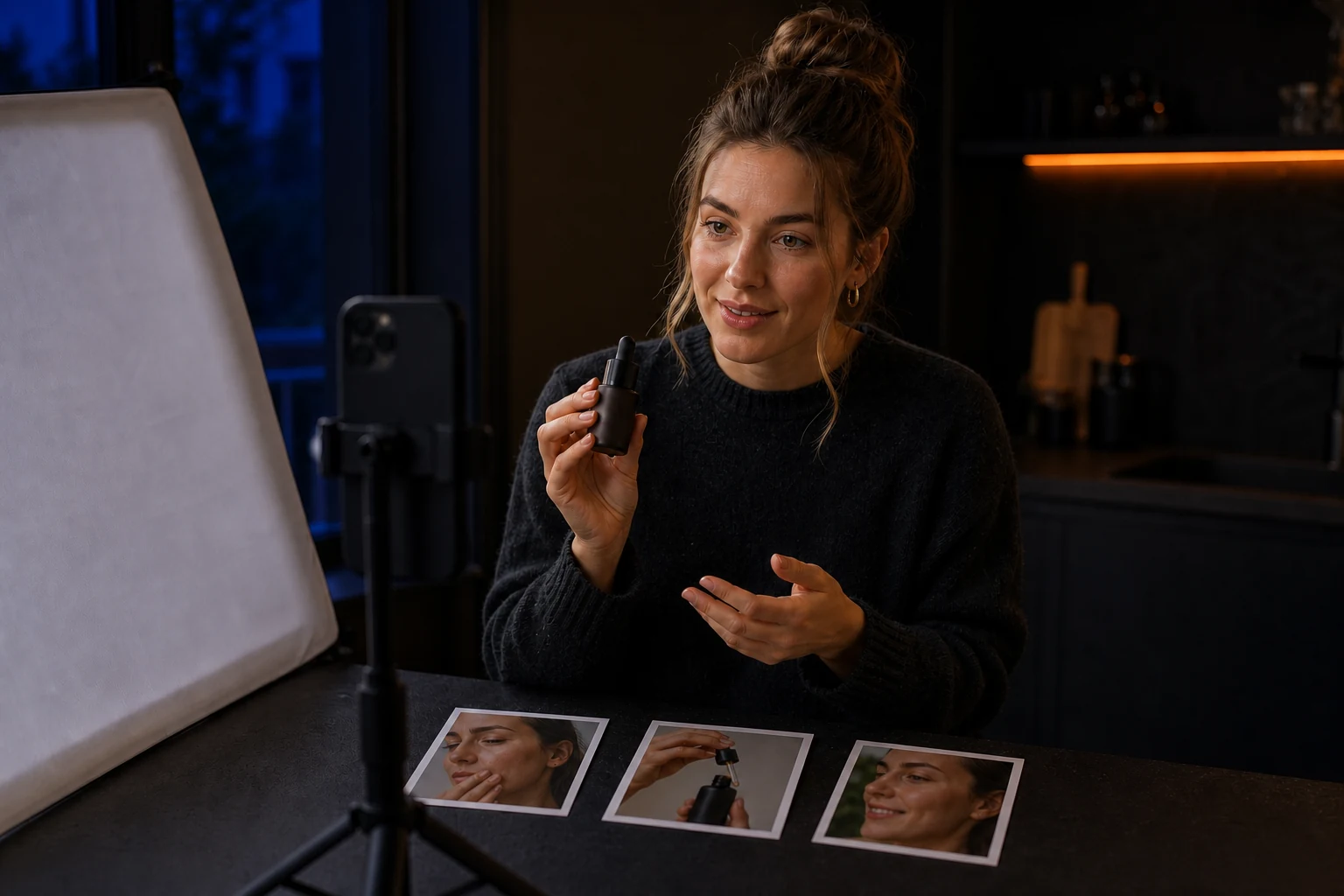 UGC creator filmt bij raamlicht met een kort visueel script en product