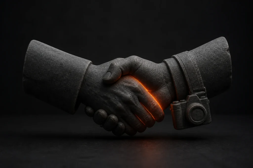 Opdrachtgever en vastgoedfotograaf schudden elkaar de hand bij een camera.