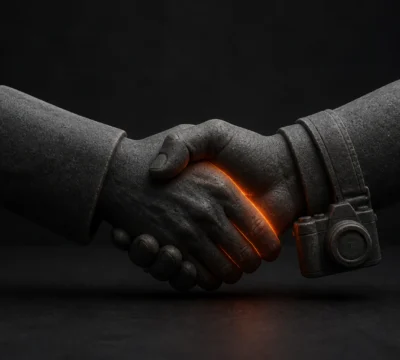 Opdrachtgever en vastgoedfotograaf schudden elkaar de hand bij een camera.