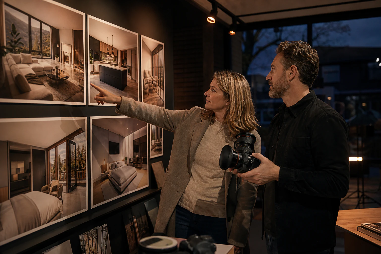 Opdrachtgever en fotograaf vergelijken interieurbeelden uit een gespecialiseerd portfolio.