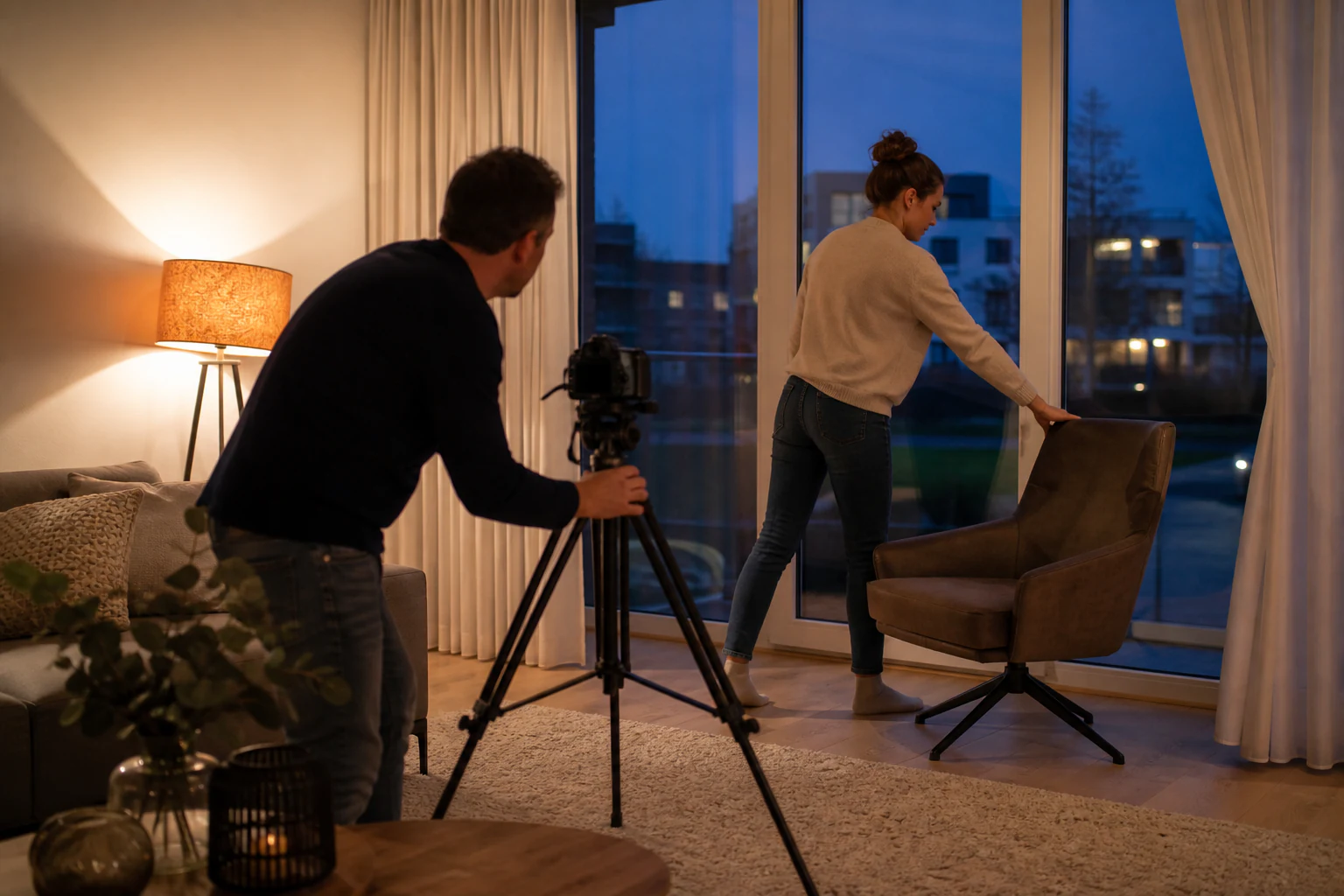 Fotograaf en stylist plaatsen een stoel bij het raam voor een ruimtelijk interieurbeeld.