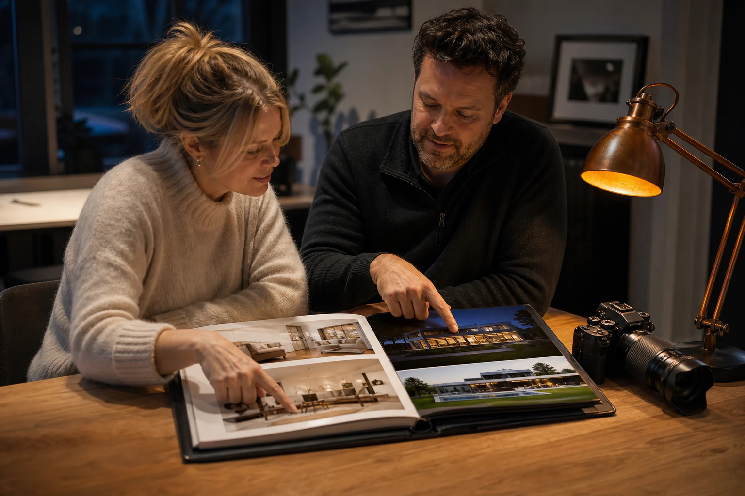 Opdrachtgever en fotograaf bespreken een portfolio met interieur- en exterieurbeelden.