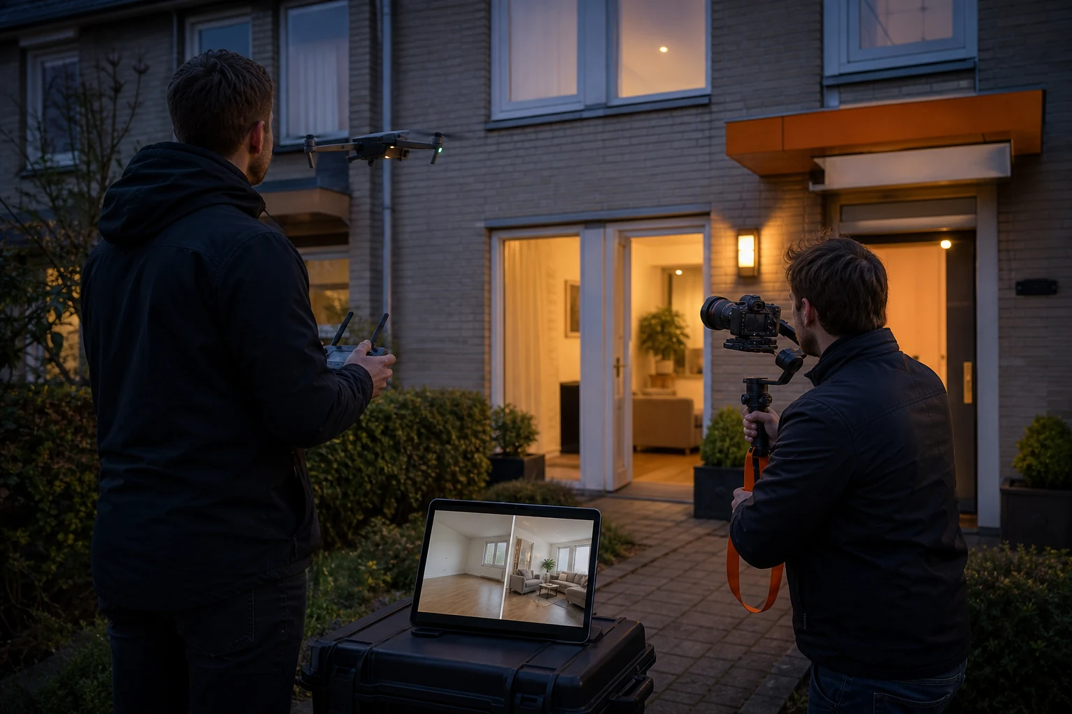 Vastgoedteam maakt bij een woning dronebeelden, video en een virtuele interieurpreview