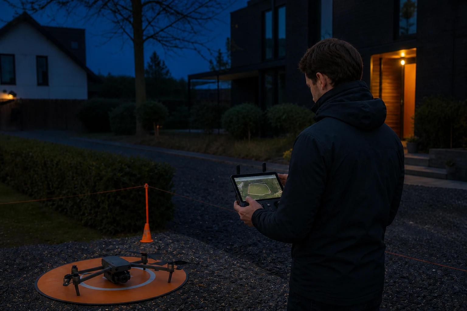 Dronepiloot controleert geofence en privacygrens vóór een vastgoedvlucht