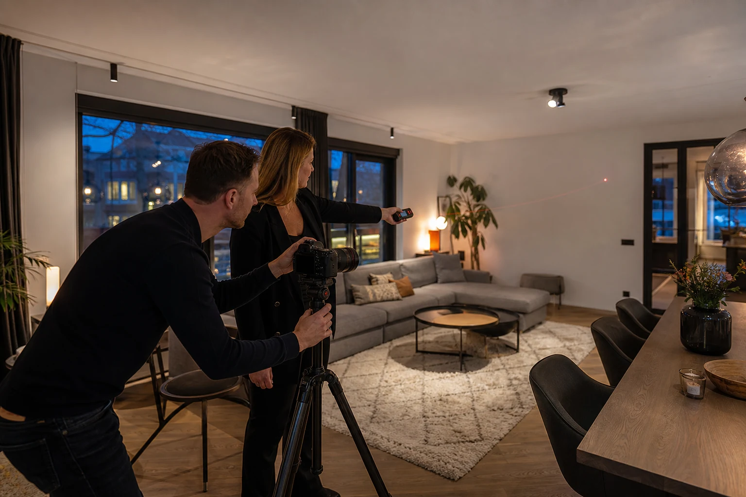Vastgoedfotograaf en makelaar bepalen camerastandpunten in een grote woonkamer