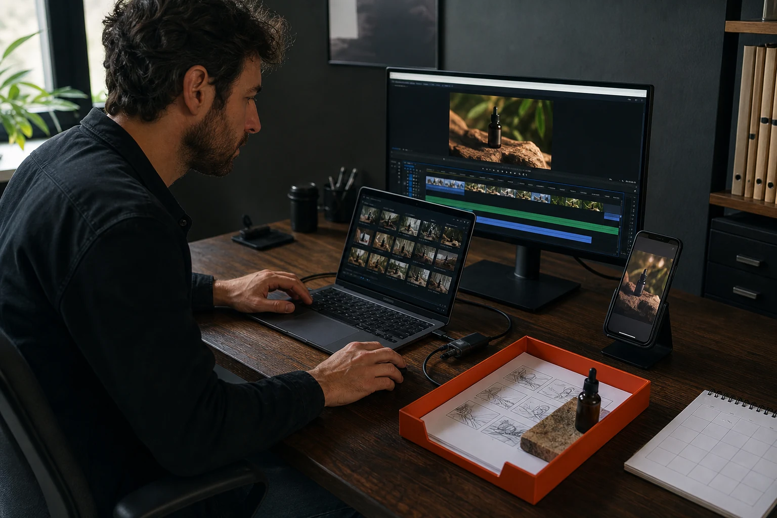 Producer verwerkt een klantbriefing, bronbestanden, montage en telefoonpreview aan één werkplek
