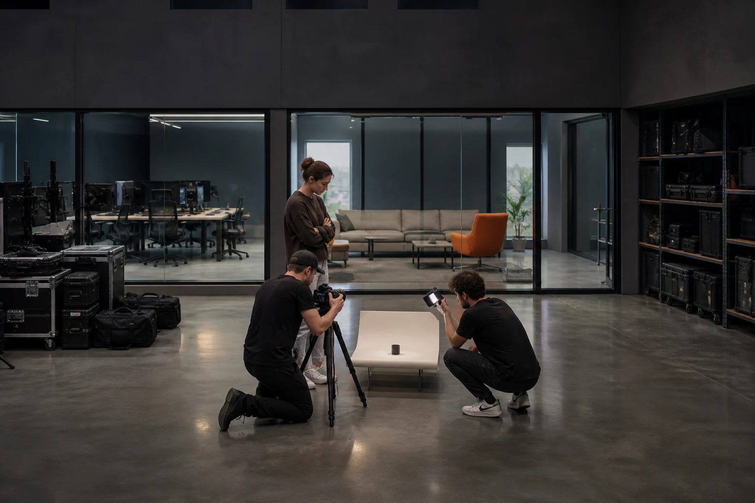 Kleine productopname gebruikt slechts een hoek van een groot duur studiocomplex