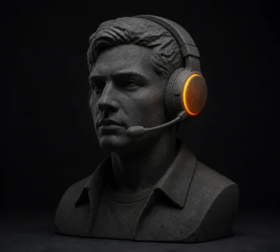 Stemacteur met headsetmicrofoon voor het vertalen en inspreken van video.