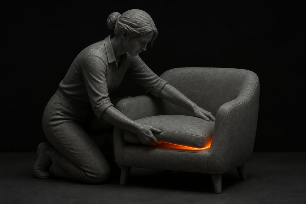 Interieurstylist positioneert een fauteuil en kussen voor de verkoopfotografie.