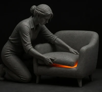 Interieurstylist positioneert een fauteuil en kussen voor de verkoopfotografie.