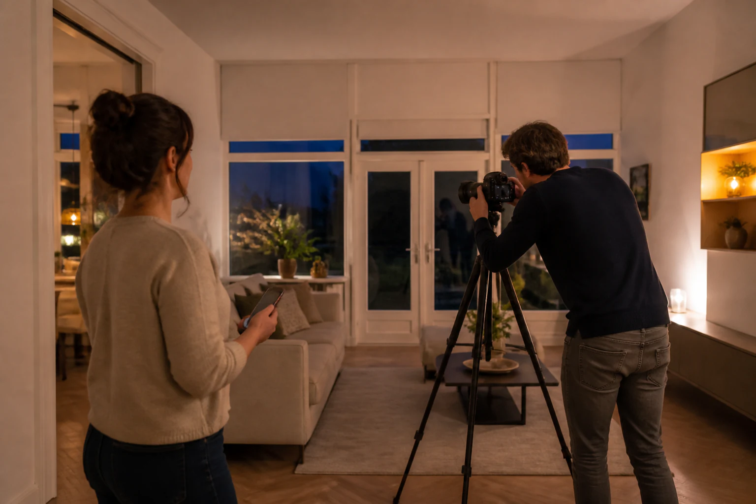Vastgoedfotograaf werkt met statief terwijl de bewoner de woningopname volgt.
