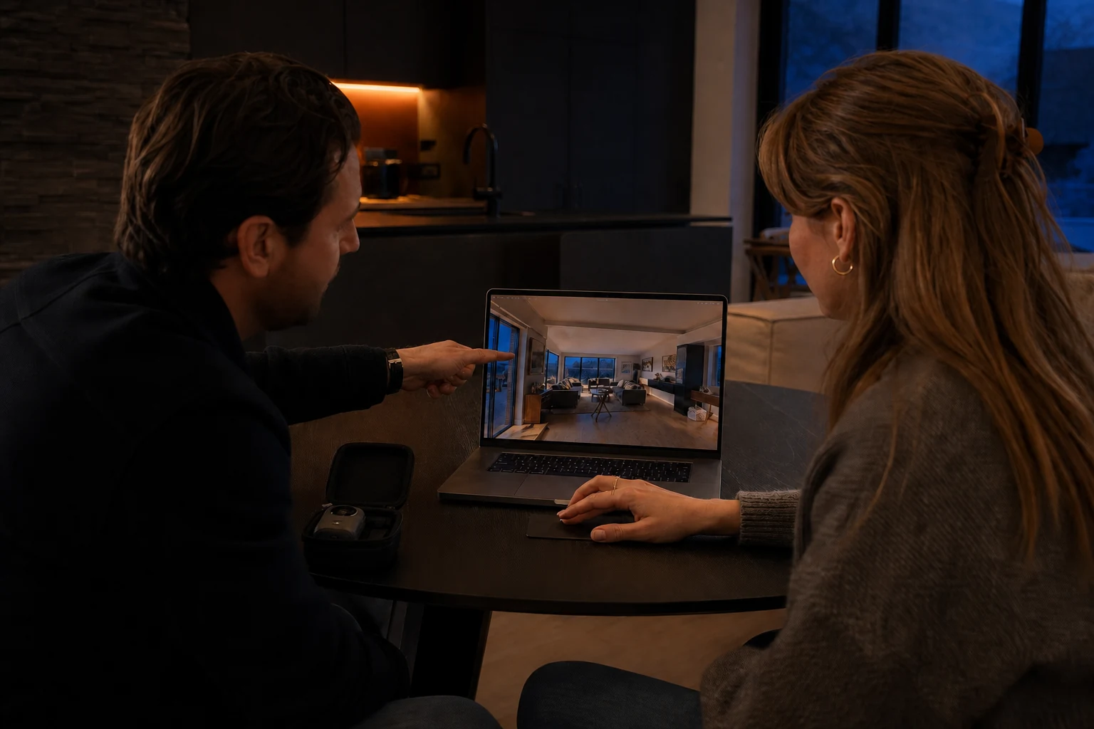 Woningkoper en makelaar navigeren samen door een realistische 360-gradentour