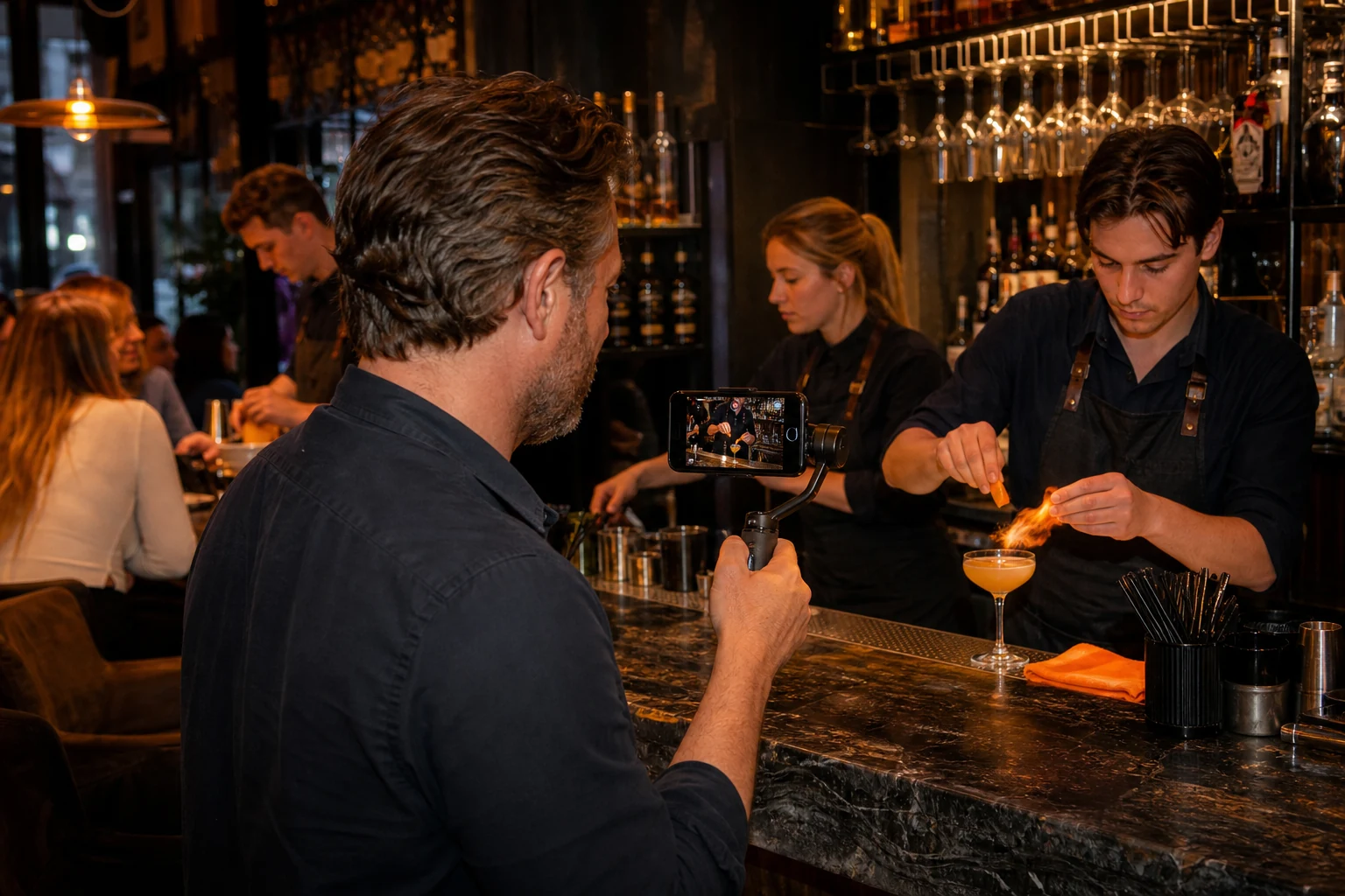Restauranteigenaar filmt een signatuurcocktail terwijl het team doorwerkt